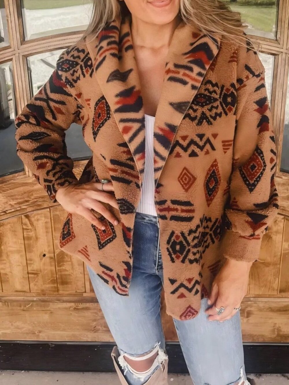 Brown Casual Women's Print Fleece Sherpa Coat with Lapel Front